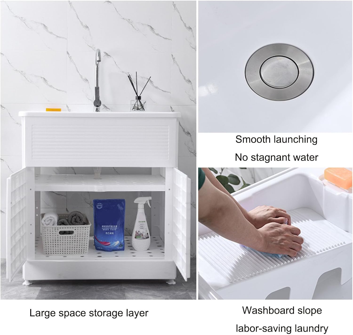 Laundry Tub Utility Sink Wash Basin, Bathroom Vessel Sink Laundry Pool with Faucet and Washboard, Freestanding Wash Station Cleaning Basin Slop Vessel Sink, for Garage/Basement/Garden/Wash Room