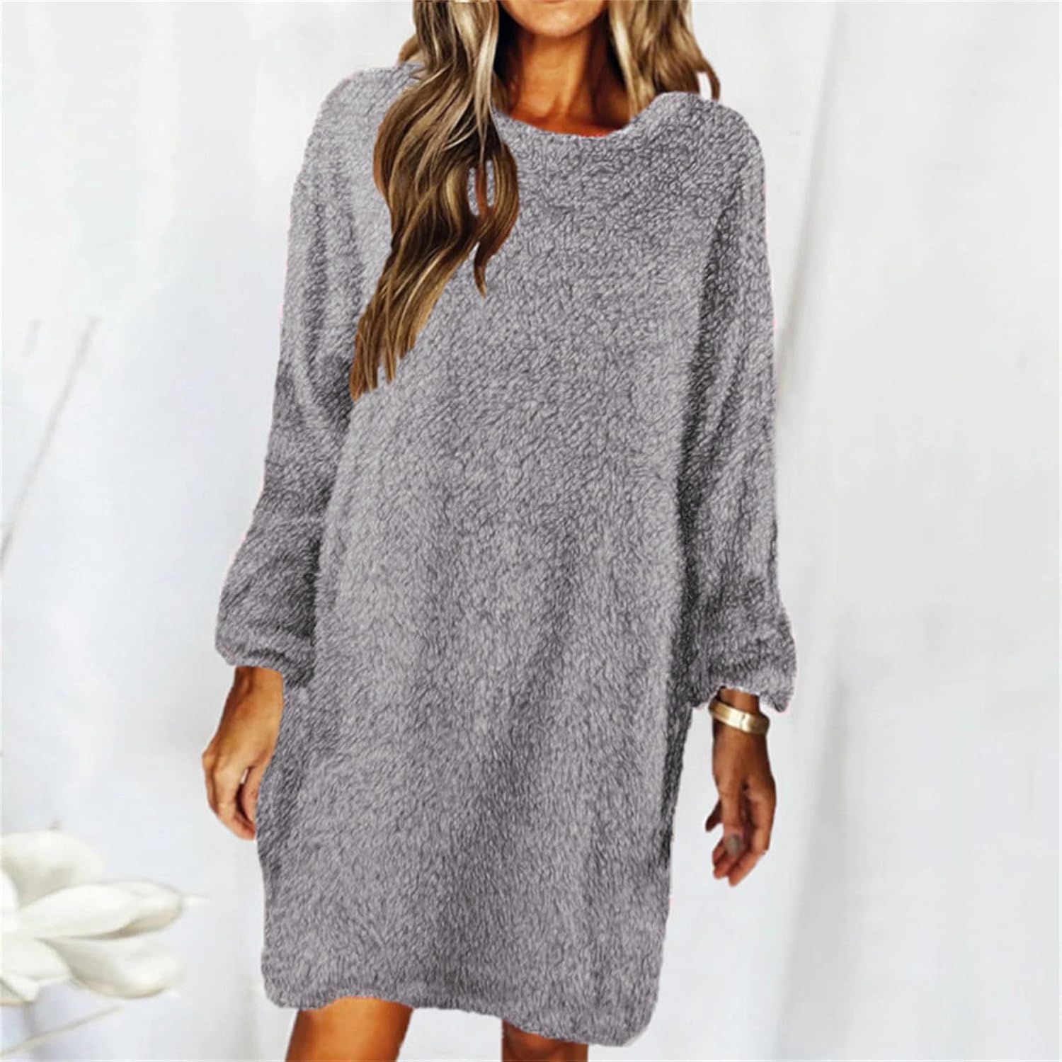 Women's Furry Pullover Sweater Dress Casual Long Sleeve Crewneck Sweatshirt Dress Loose Oversized Knitted Tops Dress