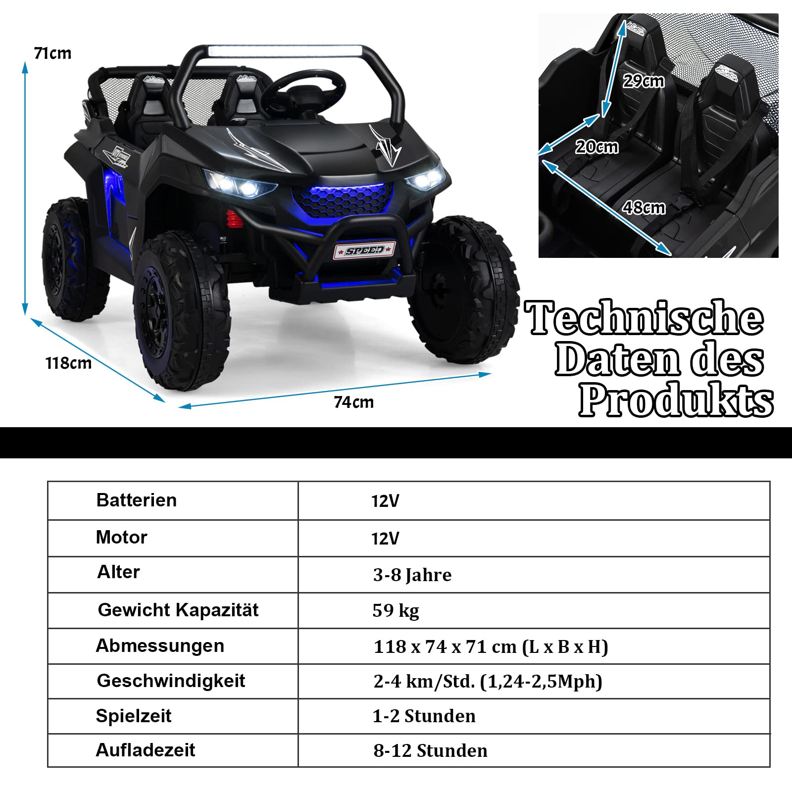 COSTWAY 2 Sitzer Kinderauto mit 2,4G Fernbedienung, 12V Kinder UTV mit Musik und Scheinwerfer, Elektro Auto 2-4 km/h, Elektroauto für Kinder ab 3 Jahren (Schwarz)