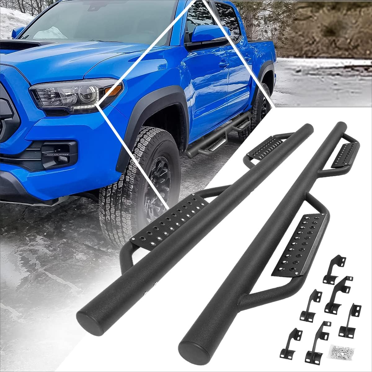 [Pair] 3 Inch Black Steel Round Tube Nerf Bars Side Steps w/Drop Step Pads Compatible with 05-21 Tacoma Crew Cab