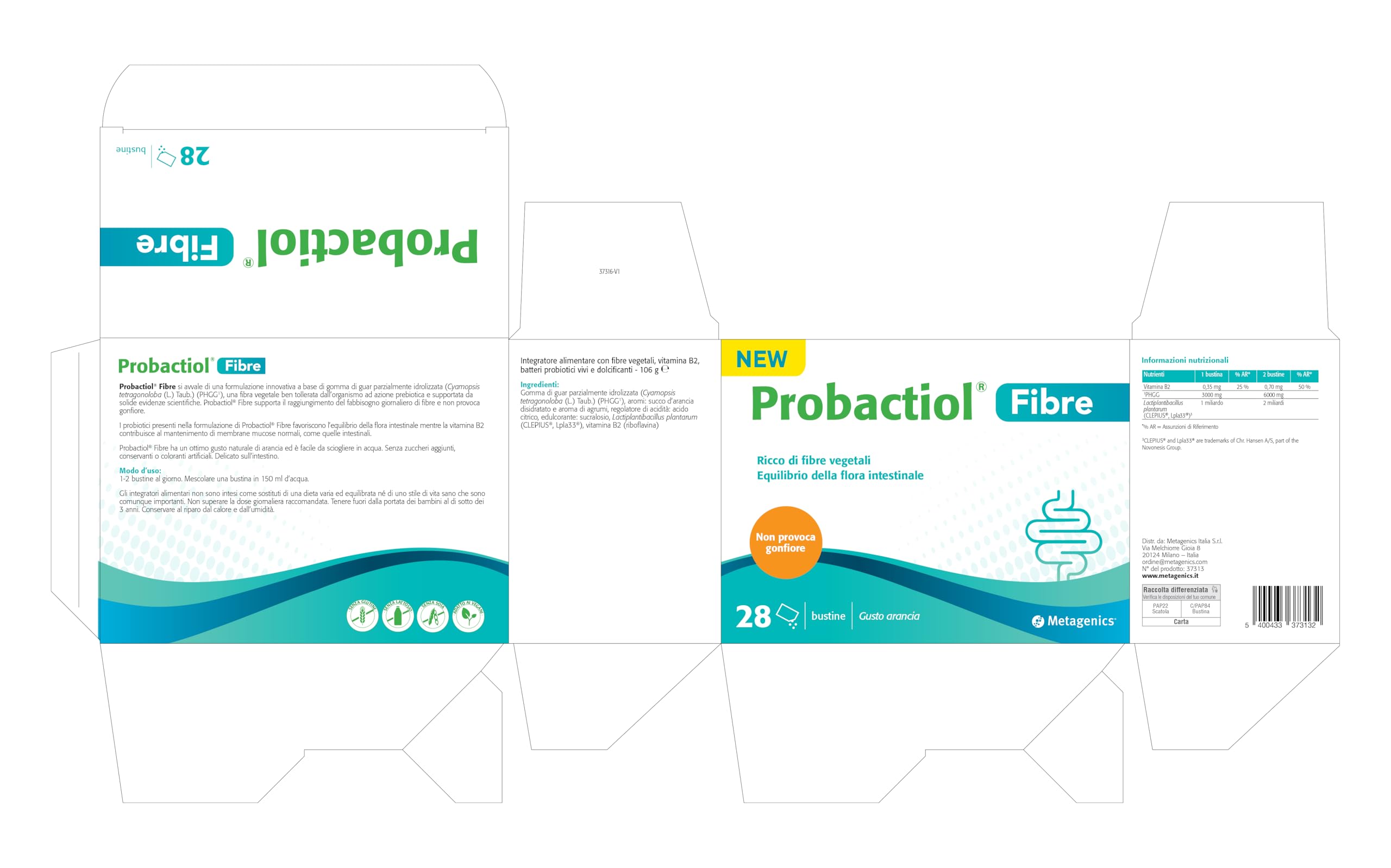 Metagenics Probactiol Fibre - Integratore per il supporto intestinale 3-in-1 con fibre, batteri vivi e vitamina B2 - Gusto arancia, 28 bustine