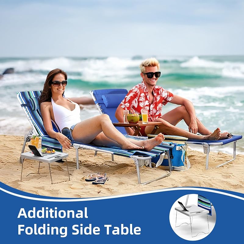 3-in-1 Beach Chair Face Holes, Lounge Chair Outdoor with Folding Side Table, 5-Position Recliner, Lay Flat, Removable Pillow, Heavy Duty, Max 330lbs, Poolside, Patio, Camping, Backyard Striped Blue image 6