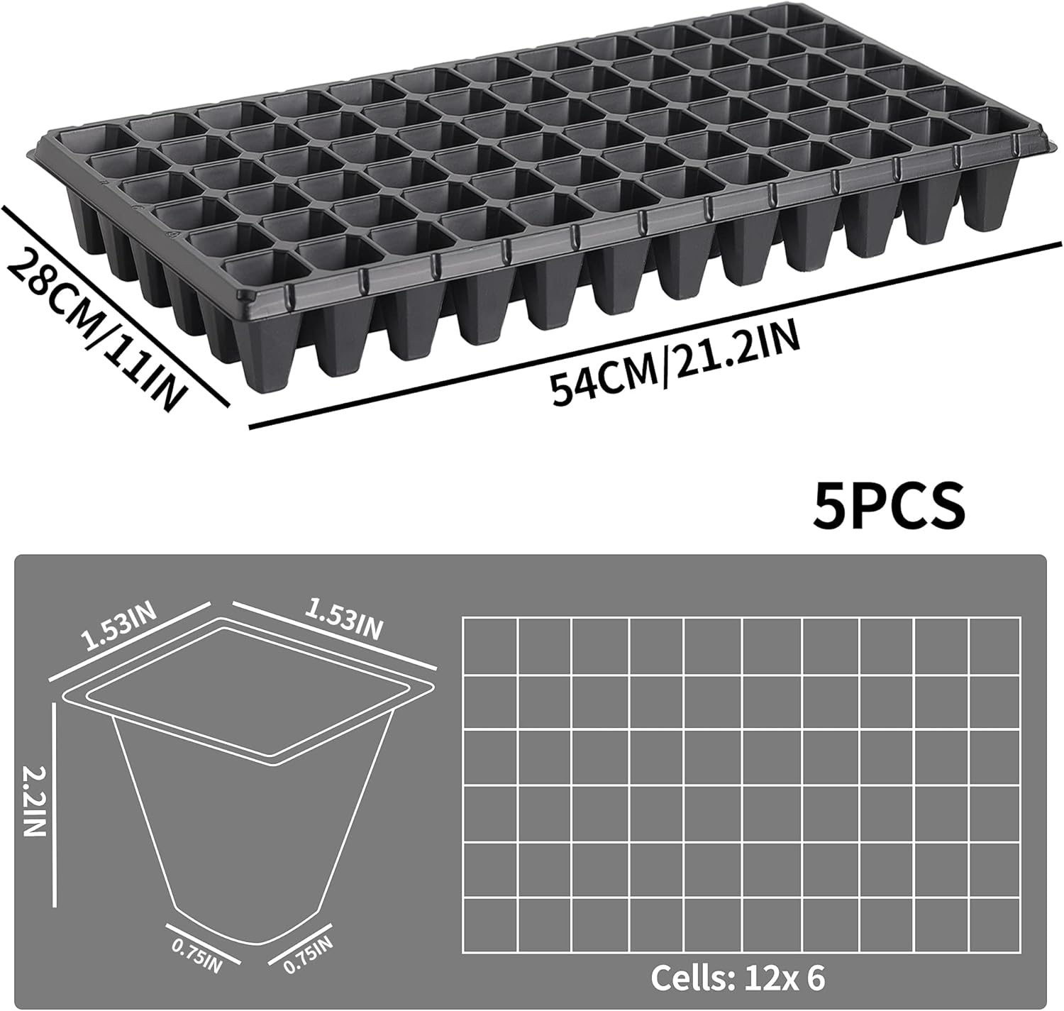360 Cells 20×10 Inch Seedling Plug Trays - 5 PCS 54x28cm Reusable Seed Starter Container for Nursery Growing Plants Propagation Germination GDPL02S72A 【1.5"x1.5" Grid, 2.2" Depth】72 Grids/Tray