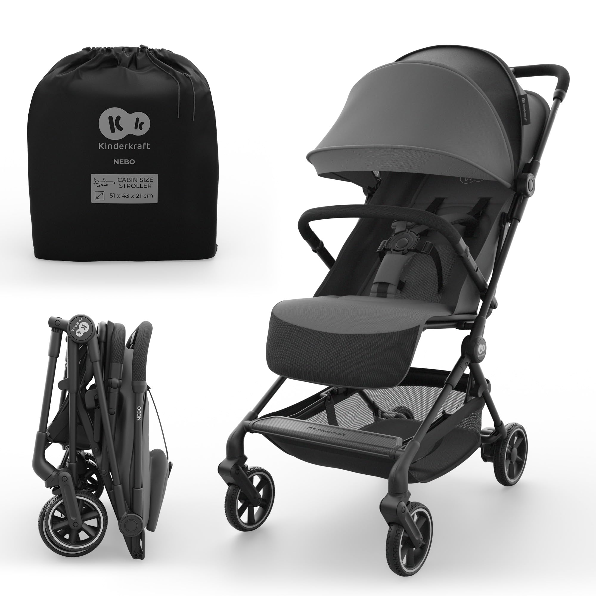 Kinderkraft NEBO Kabinenbuggy ultraleicht, Einhand-Faltmechanismus, Handgepäckmaß 51×43×21 cm, steht selbstständig, Schultergurt+Transporttasche, flache Liegeposition, 5-Punkt-Gurt, Grau