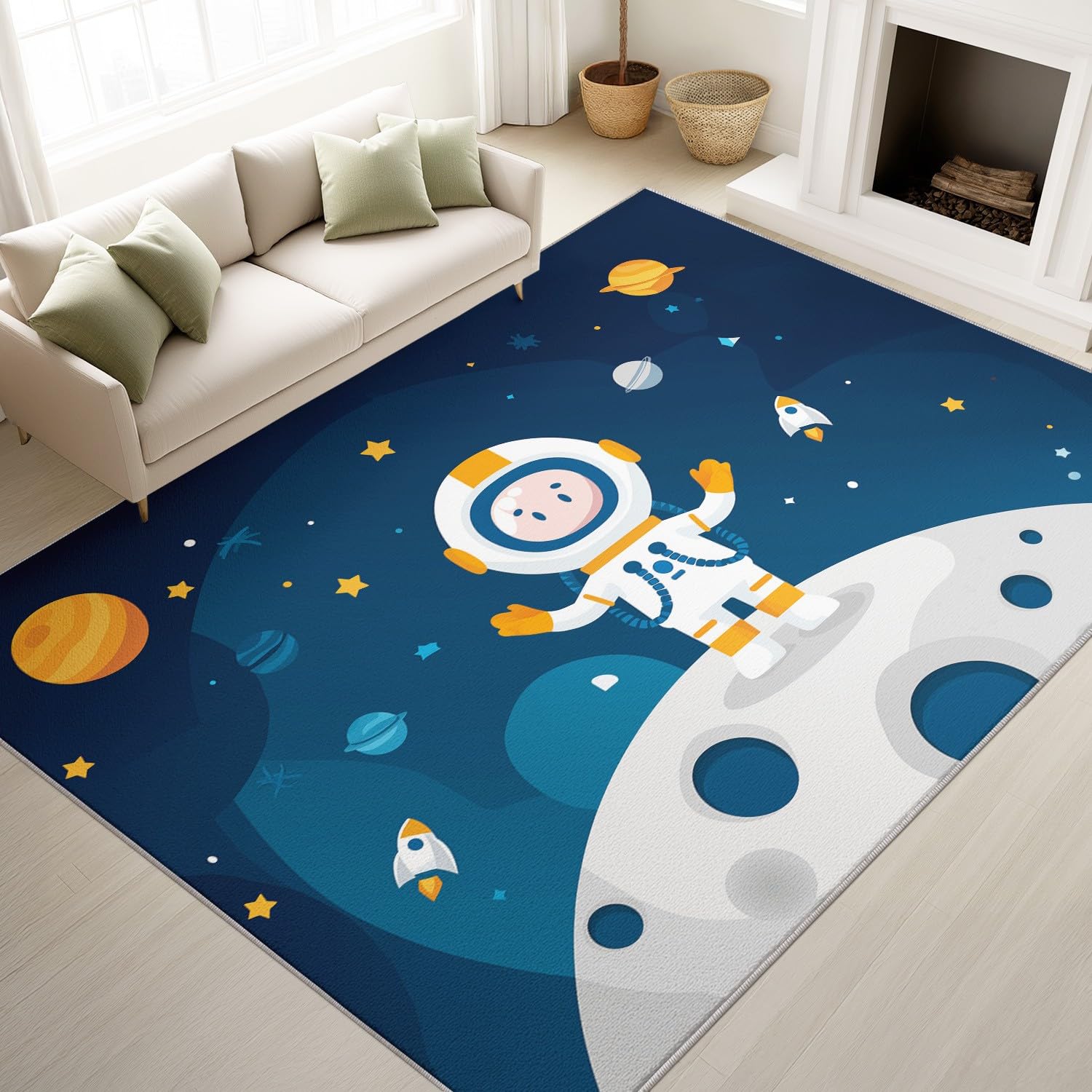 Générique Dywan nadający się do prania w pralce salon 120 x 160 cm Cartoon Dywan Przestrzeń Niski Włosie Miękkie Antypoślizgowe Śliczne Astronauta Rakieta Planeta Sypialnia Kuchnia Wejście Pokój