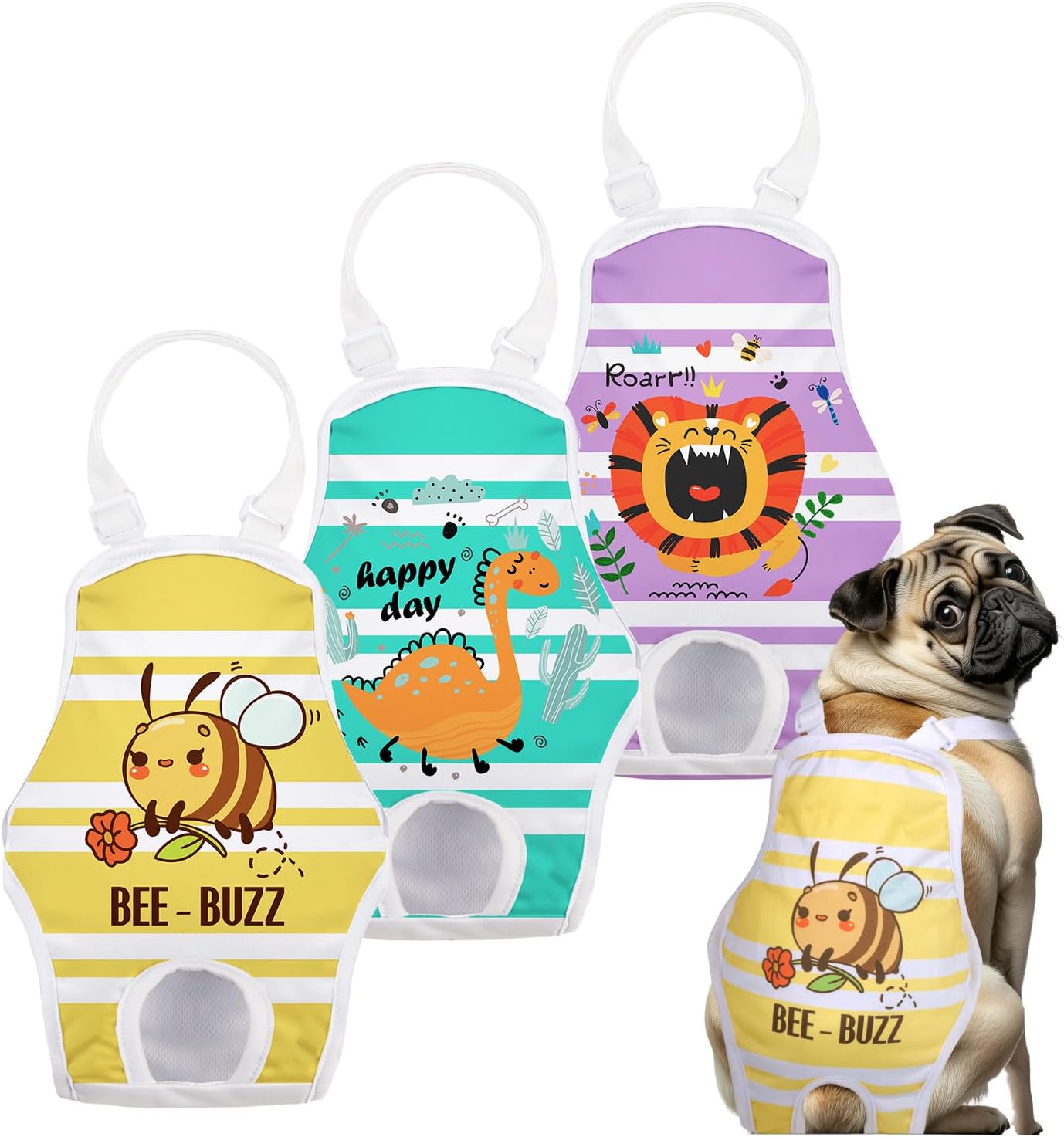 3 Pack Washable Female Dog Diaper Onesie Sanitary Pantie with Adjustable Suspender, Reusable Fixed Diapers, Super Absorbent Leakproof for Small Medium Large Dog in Heat Cycle M Colorful Animals Medium(10"-16" Waist)