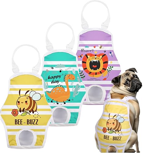 Miniatura 12 de Paquete de 3 Pañales Lavables para Perras Tipo Enterizo Bragas Sanitarias con Tirantes Ajustables, Pañales Fijos Reutilizables para Perras, Súper