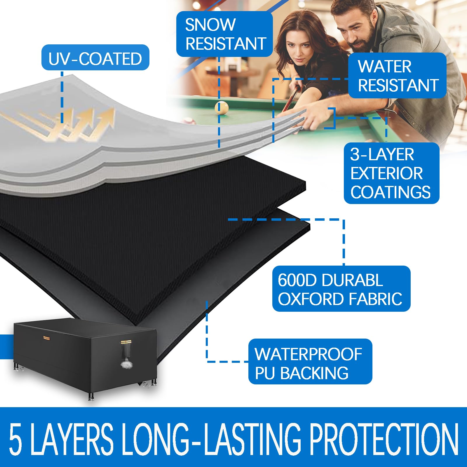 Housses pour tables de billard 6/6,5/7/7,5/8/8,5/9/10/12 pieds Housse imperméable pour table de billard Housses des protection extérieure pours tables des snooker,Noir,6ft(204×112×82cm)