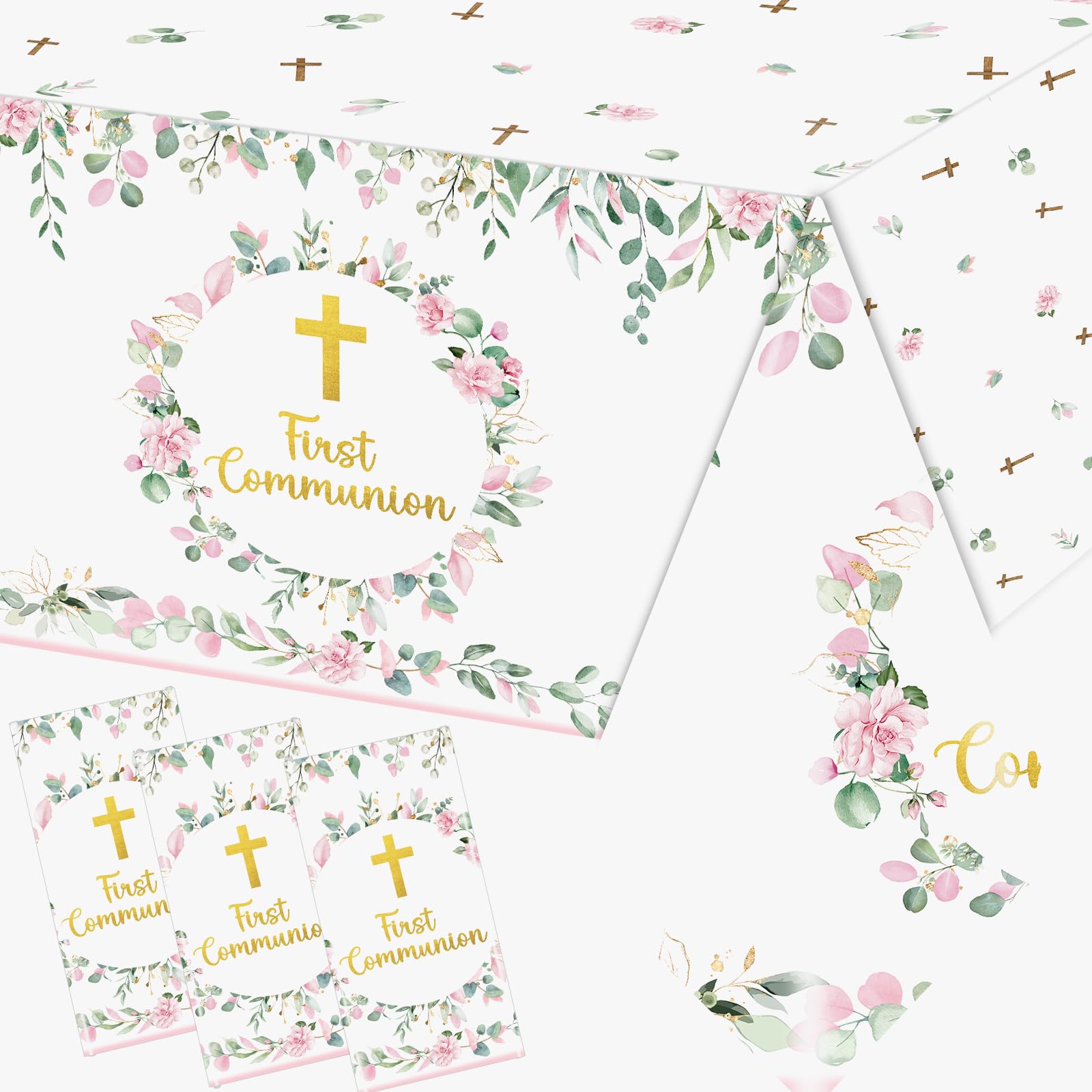 First Communion Decorations for Girls, 3pcs Pink First Communion Tablecloths Plastic Baptism Tablecloths First Communion Party Supplies for Baptism Decorations, Primera Comunion Decoracion