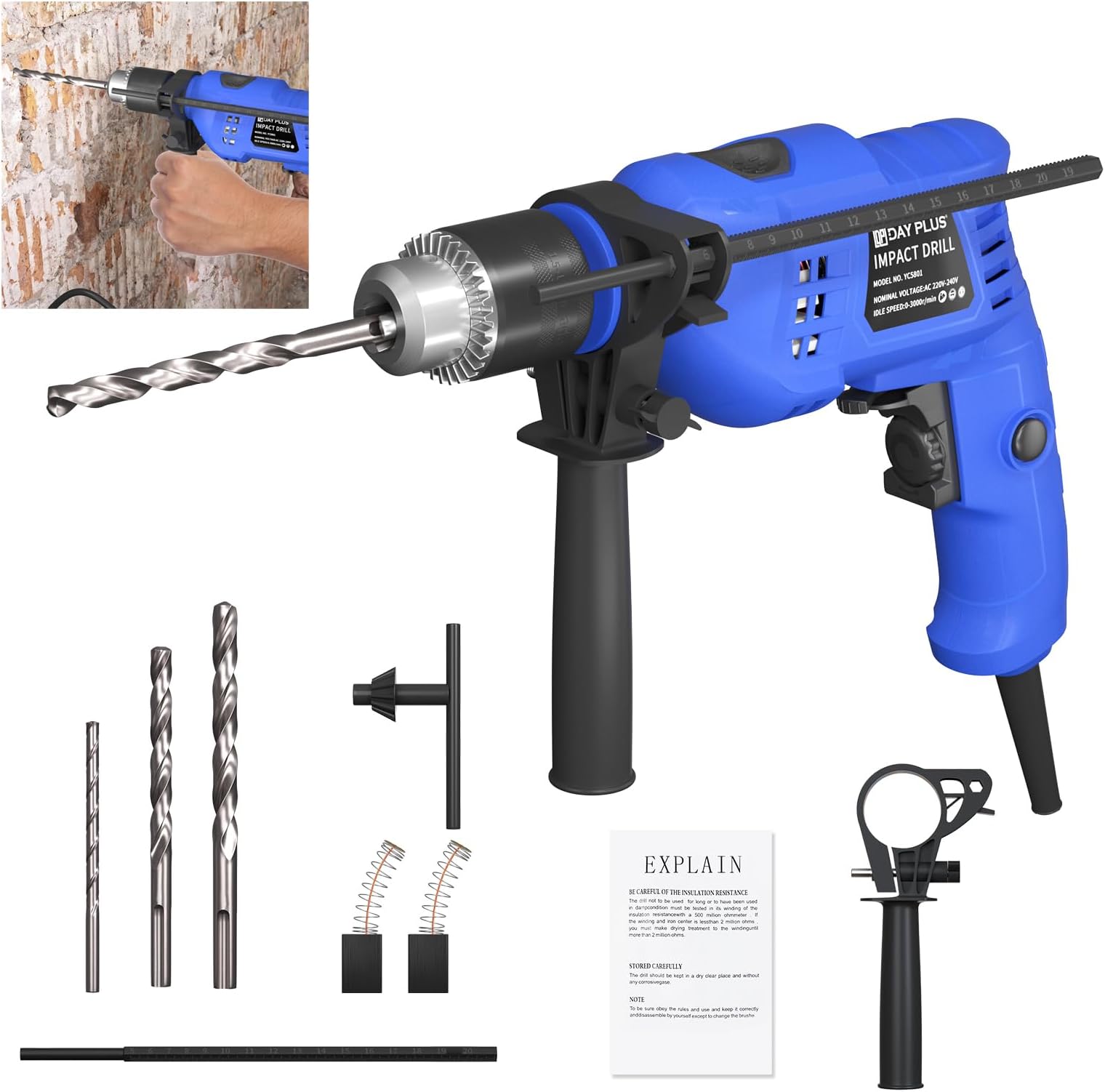 850W Hammer Drill 2-in-1 Electric Impact Drill With Rotary Side Handle And Safety Lock, 3000RPM Variable Speed Concrete Drill With 5/6/8mm Drill Bit Set, Power Drill Machine For Home Projects