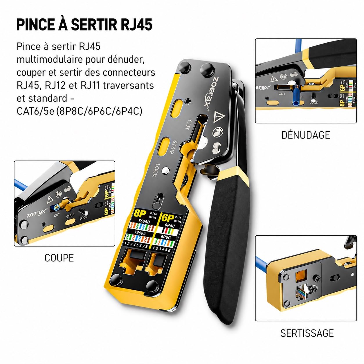 Kit d'outils réseau 11 en 1 professionnel RJ45 – Pince à sertir, testeur RJ45, outil de poinçonnage 110/88, dénudeur, cutter, connecteurs et bottes Cat6