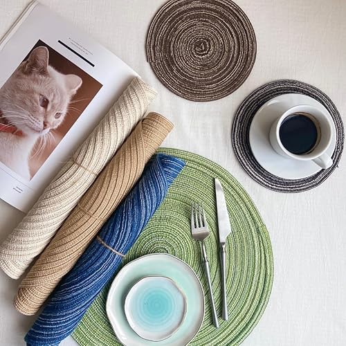 Miniatura 6 de Juego de 6 manteles individuales redondos trenzados, lavables, antideslizantes, para cocina, comedor, 12 pulgadas, resistentes al calor (marrón