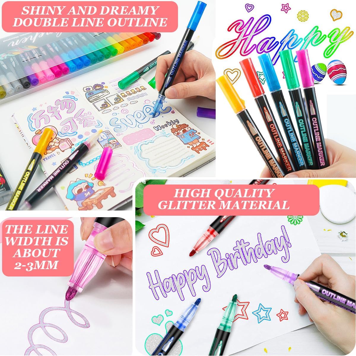 Coloring Lightstick Graffiti Pen, Coloring Lightstick Graffiti Highlighter Pens, 36-Color Outline Metallic Marker Pens, Outline Markers Self-Outline Metallic Markers for Drawing (48 Color)