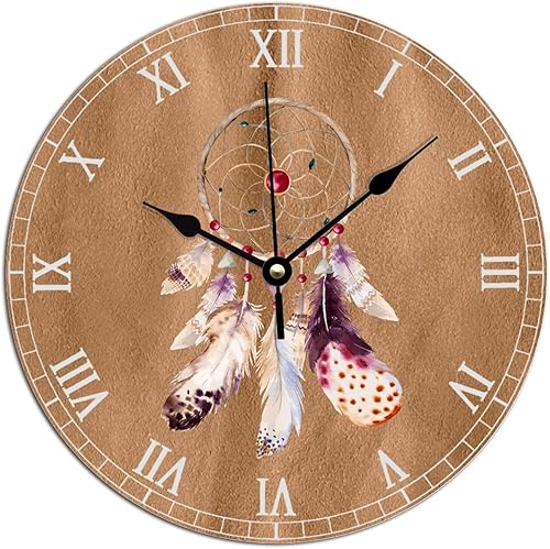 ArogGeld Relojes nativos americanos atrapasueños de madera, reloj de pared bohemio acuarela atrapasueños de madera, relojes decorativos silenciosos