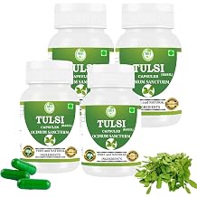 Tulsi Capsules 500 mg 60 Veg Capsules | Holy Basil Extract | Herbal Supplement | Plant-Based | Vegan-Friendly | No Preservatives | Pack of 4