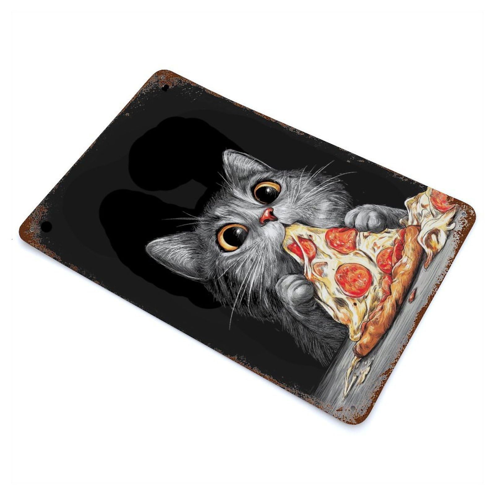 Distressed Metal Wall Sign with Cat Eating Pizza Slice Illustration Design 11.8"x7.9", for Farmhouse, Kitchen And Entryway Decor, Old School Wall Decor