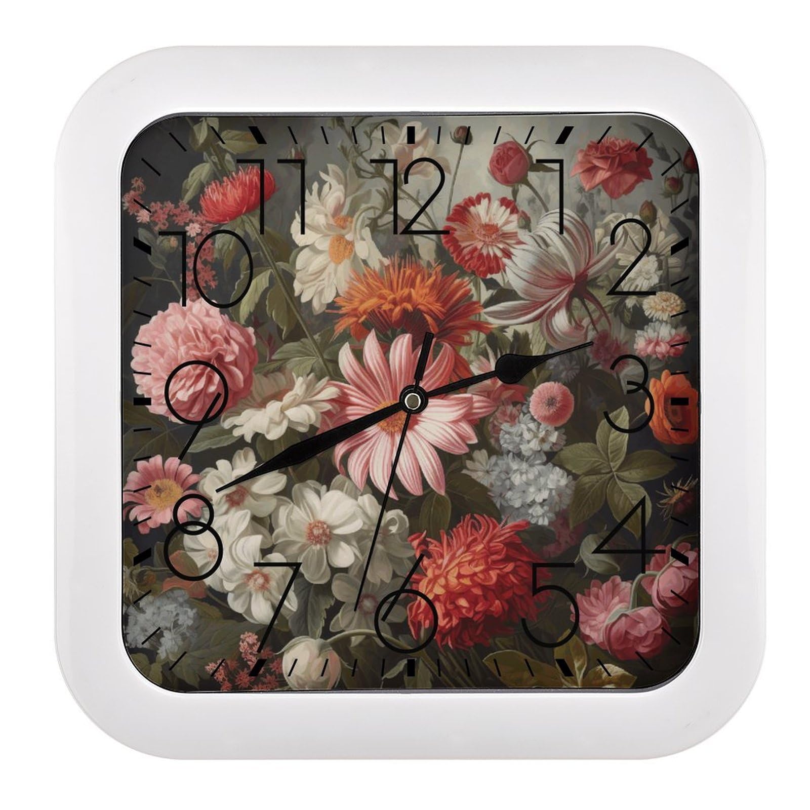 NTVOWPZO 10 Inch Wall Clock Different Flowers Battery Operated Wall Clocks Silent Non-Ticking Square Wall Clock for Living Room Kitchen Home Office Wall Decorative Clocks