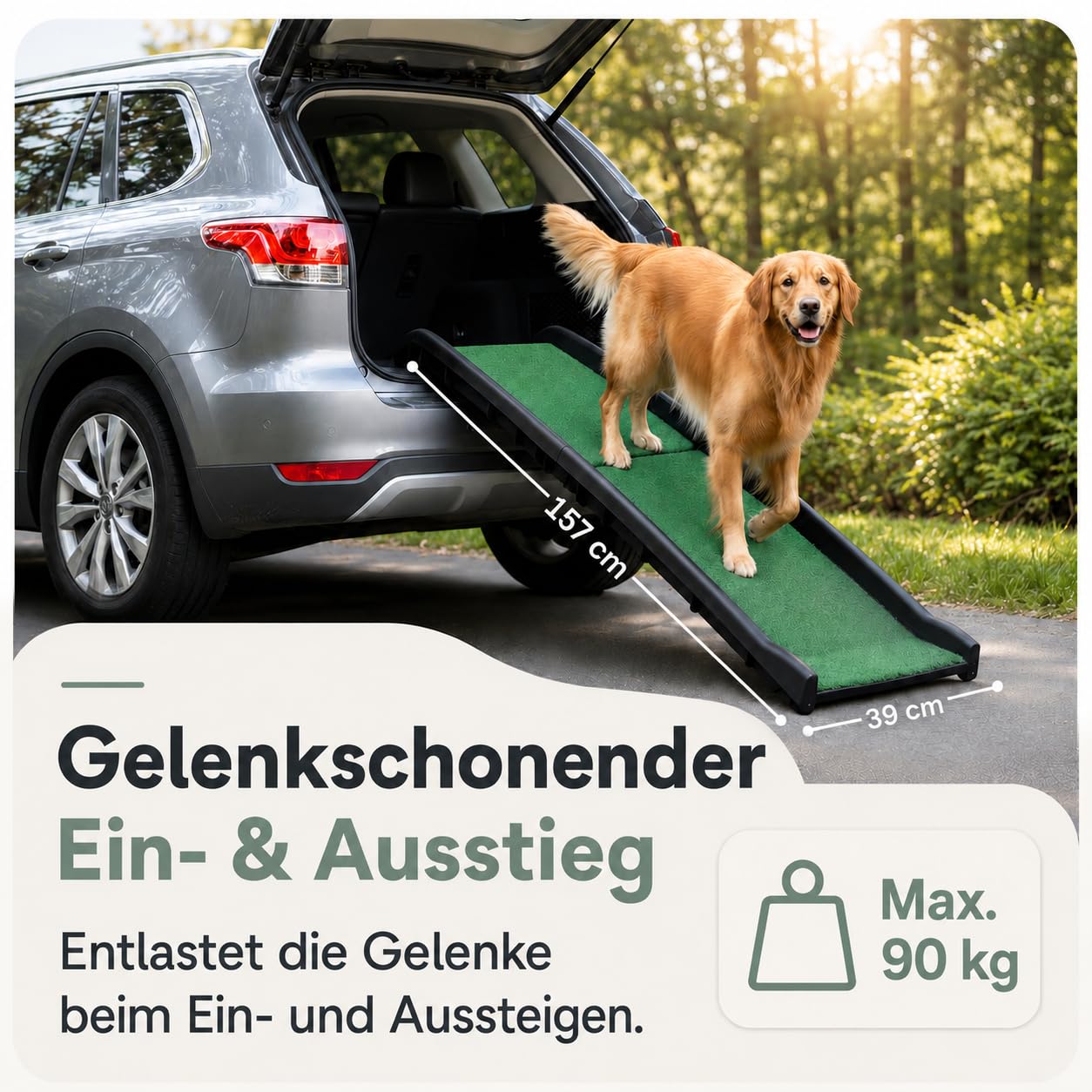 Hunderampe Autorampe klappbar rutschfest mit Kunstrasen bis 90 kg 157x40cm | Einstiegshilfe für Kofferraum. Hundetreppe Hundeautorampe Kofferraumrampe Rampe Hund
