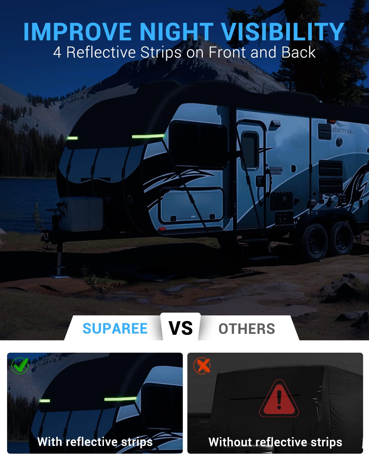 SUPAREE Telo Copri Camper impermeabile Telo Copertura Tetto Camper 210D Impermeabile Protezione UV con Strisce Riflettenti Nero (5.5 x 3m)