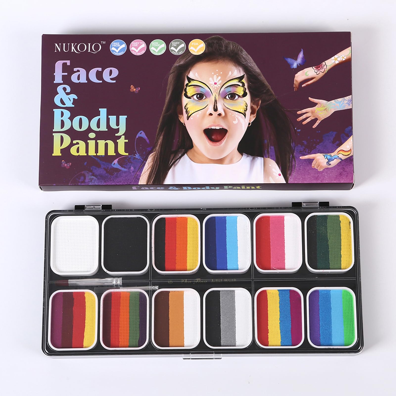 Kit de maquillage facial à activation par eau Palette professionnelle Split Cakes avec 3 pinceaux Sûr non et corporel pour Halloween Cosplay