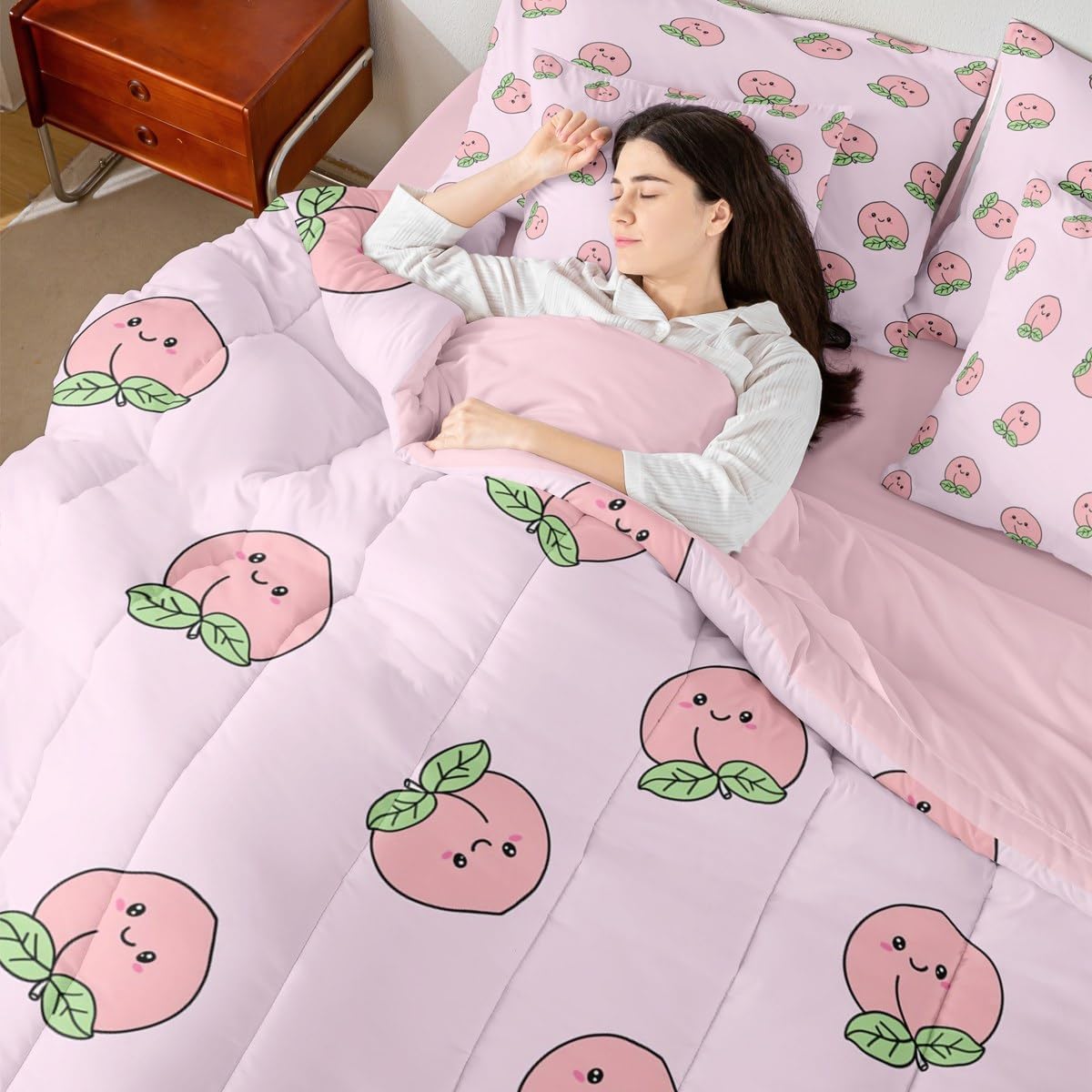 Erosebridal Cartoon Full Comforter Set Pink Peach 7 Pieces Bedding Kids Kawaii Bed Set with Sheets Girl Lovely Cute Fruits Bed in A Bag Bedroom Decor
