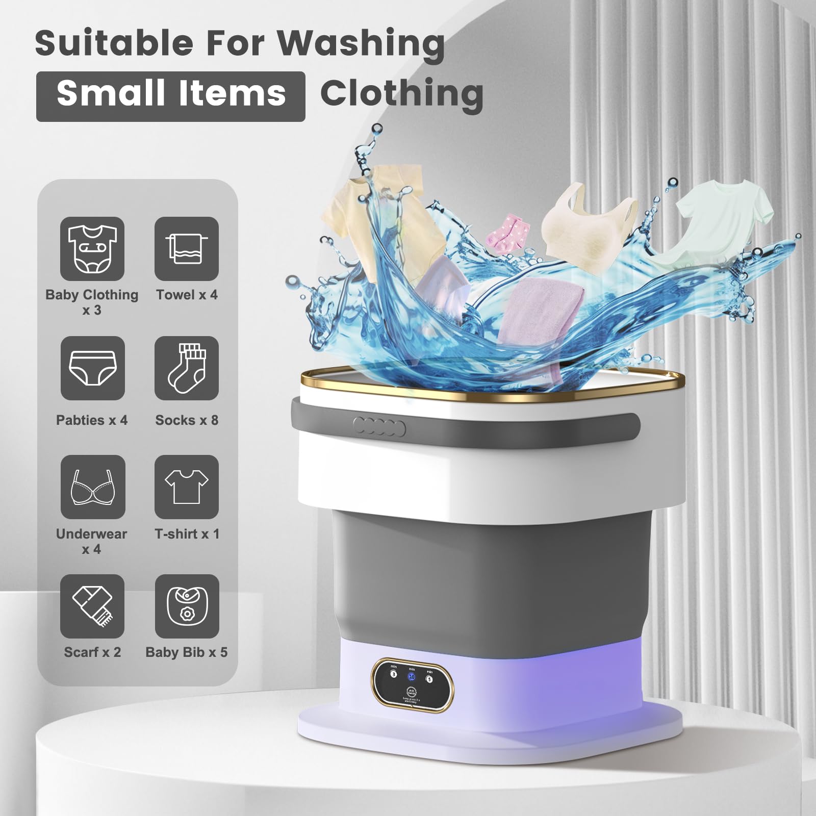 Mini machine à laver,machine à laver portable améliorée de 15 L,3 programmes de lavage avec essorage, adapté aux vêtements légers et petits, pliable, idéal pour les appartements et le camping (gris)