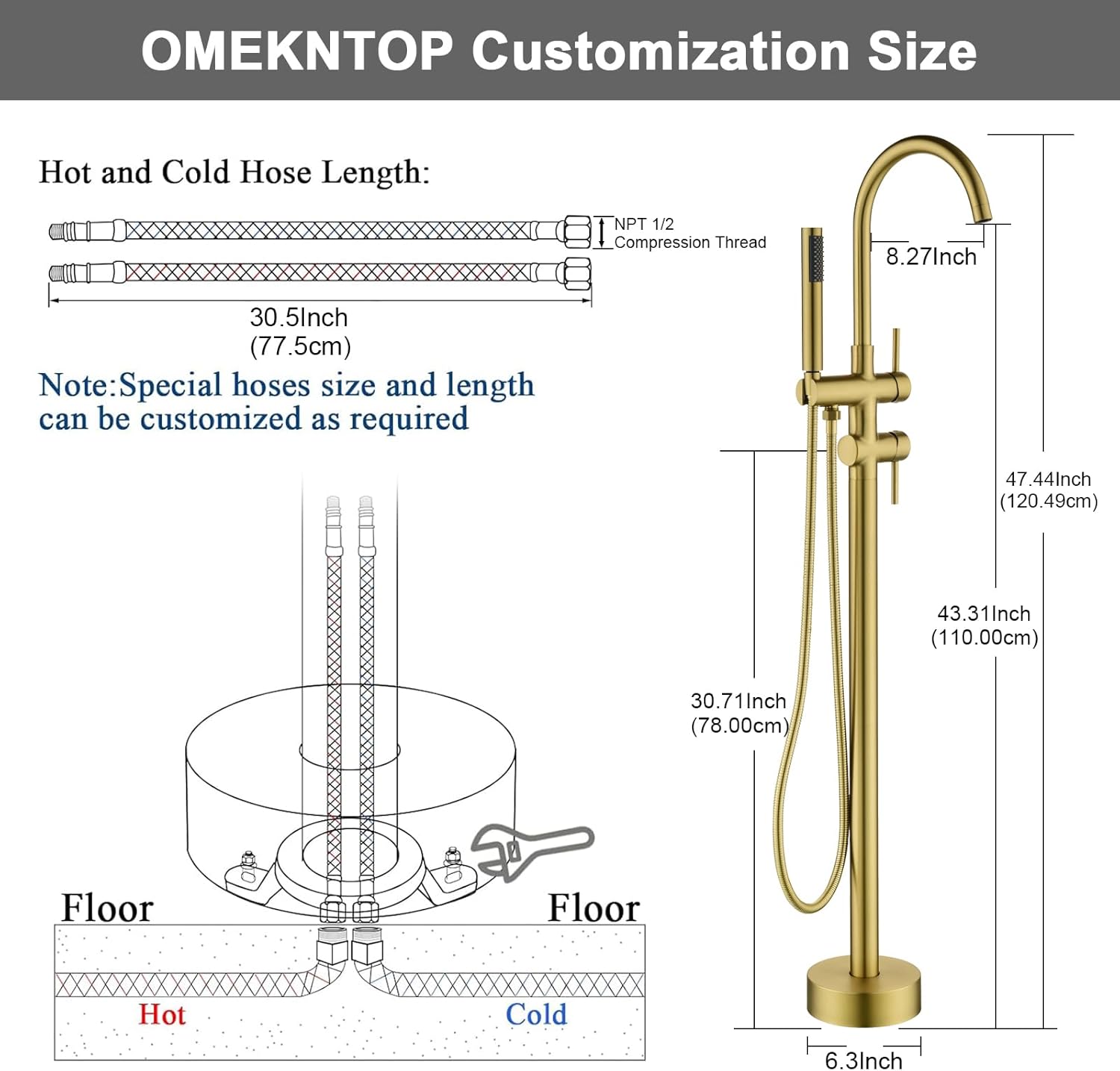 Modern Freestanding Tub Faucet with 360 Swivel Gooseneck Spout and Handheld Shower, Gold Floor Mount Tub Filler - Image 4