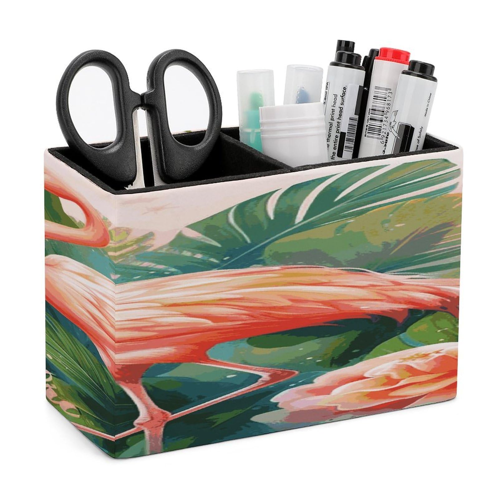 LDGSUPH Tropical Flamingo Leather Pen Holder for Desk Organizer Caddy Large Pencil Cup Multi-function Pencil Holder Makeup Brush Holders Pen Organizer for Home Office Storage Box