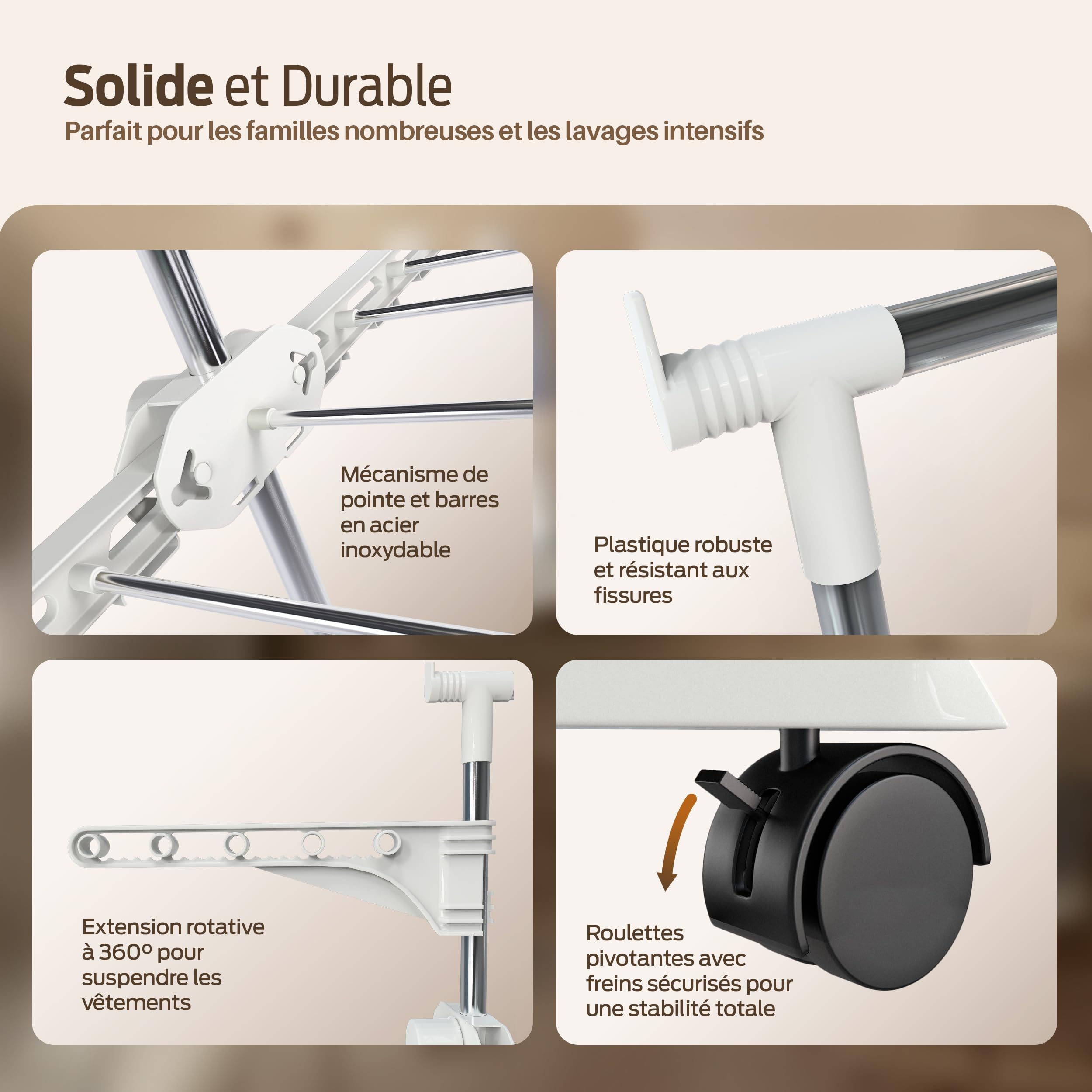 PORTENTUM Etendoir Linge Interieur et Exterieur Pliable 14 cm – 5 Niveaux et 58 Crochets pour cintres – Jusqu’à 40 kg – Séche 24 Barres INOX – Intérieur et extérieur – roulettes pivotantes avec Frein