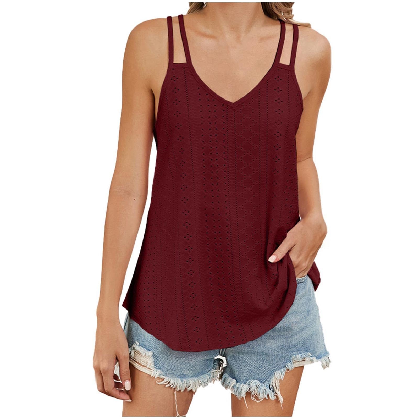 Womens Tank Tops Dressy Casual Eyelet Sleeveless Scoop Neck Camisole Shirts Loose Flowy Aesthetic Summer Beach Blouse