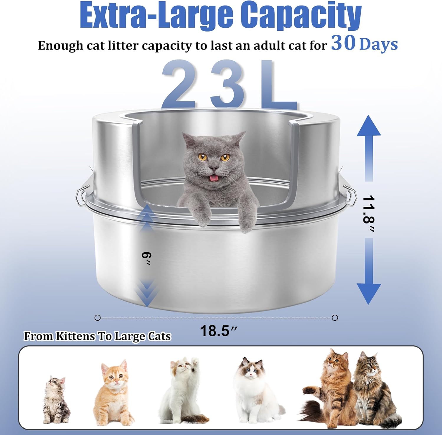 Stainless Steel Cat Litter Box with Lid, Extra Large 11.8" High Side Round Metal Litter Pan with Litter Scoop & Litter Box Step, Durable, Odor Control, Easy Clean for XL Big Cats & Multi-Kitty