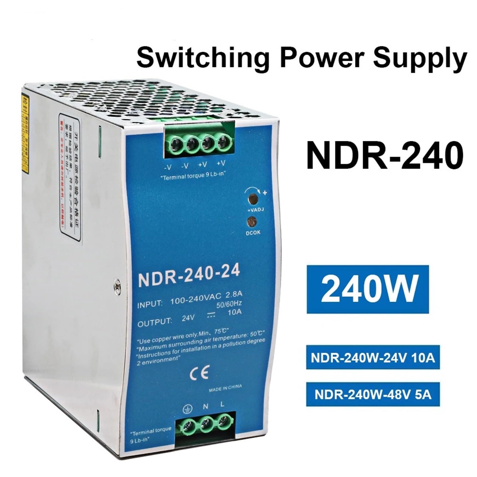 NDR 240 W 24 V 48 V Industrie-Einzelgruppen-Ausgangstransformator 240 VAC Schaltnetzteil 1 Stück(NDR-240W-24V 10A)