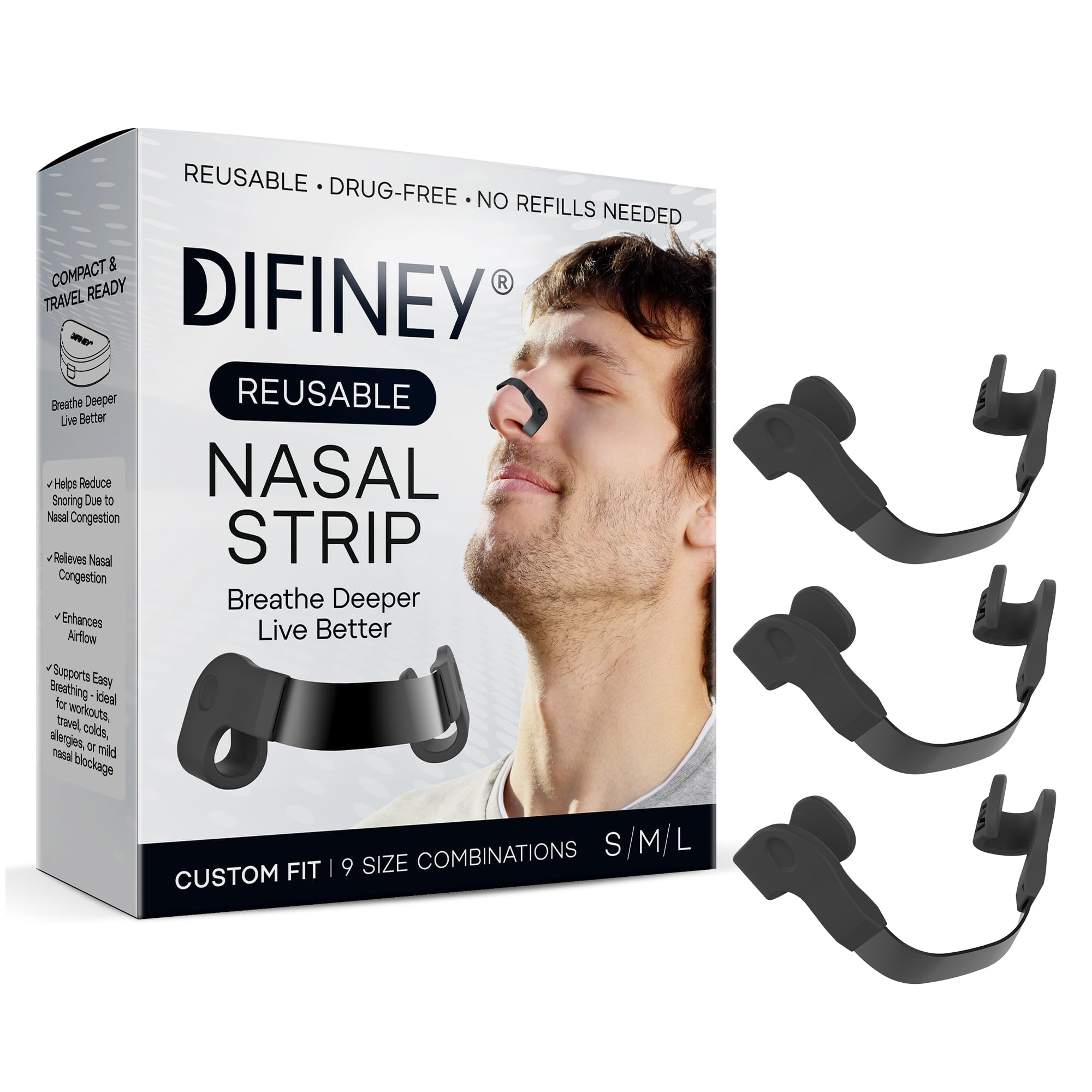 Difiney Reusable Nasal Strips for Breathing Snoring Support Max Strength Internal Nasal Opener No Sticky Pads Nose Strips