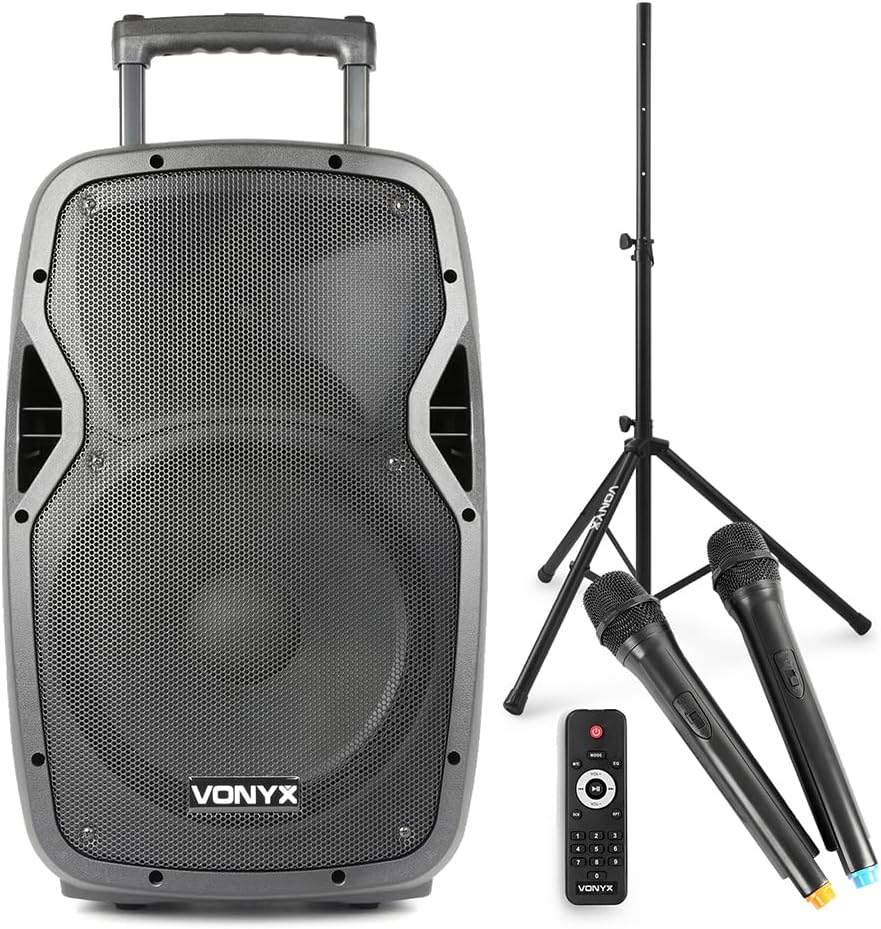 Vonyx AP1200PA Portable PA System, 600W 12-Inch Bluetooth Battery Powered Speaker with Wireless Microphones, MP3 USB & SD Playback and Tripod Stand – Ideal for Events & Performances