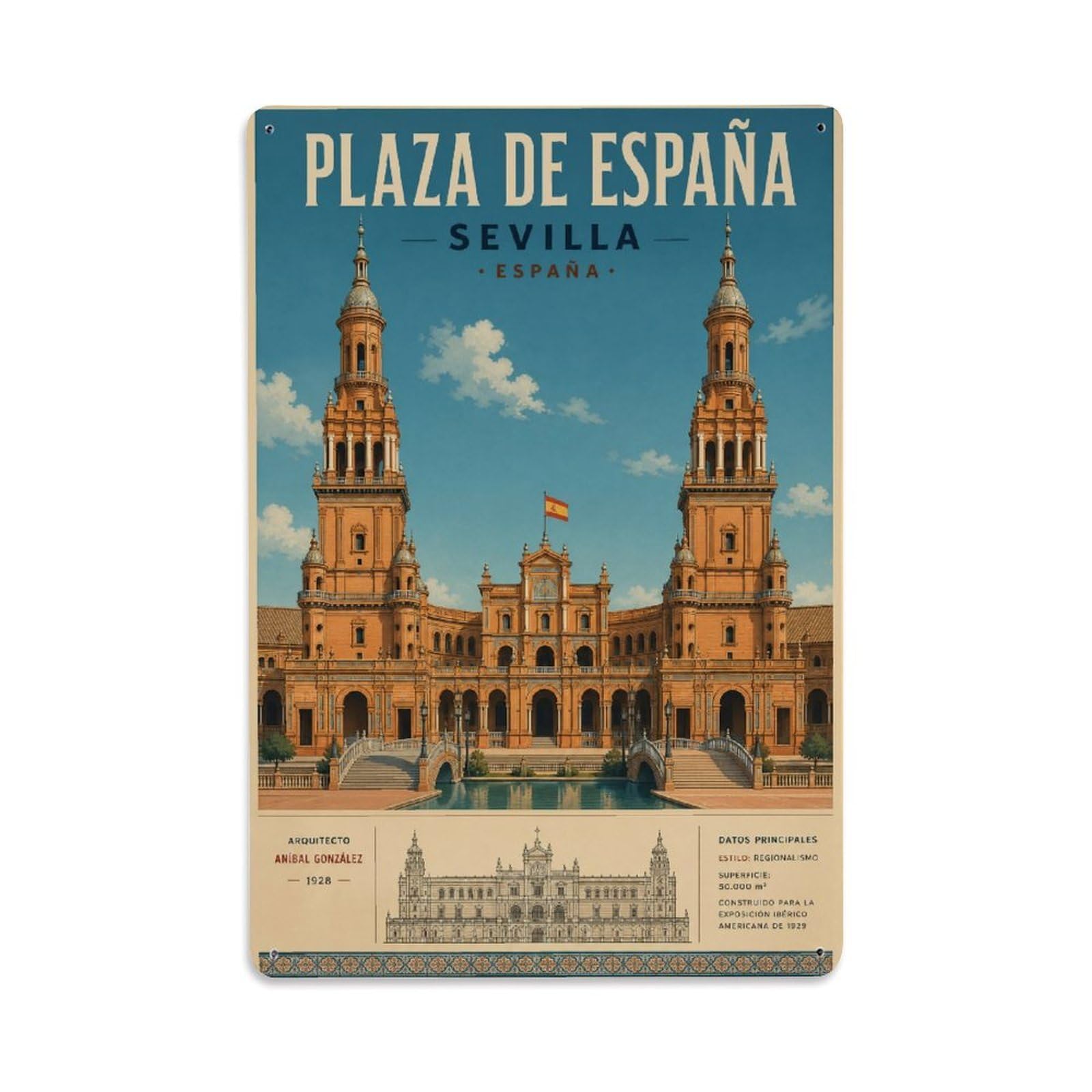 Huiyhb 8X12inch(20X30cm) Vintage Travel Plaza Espana Towers Seville Architecture Metal Tin Sign