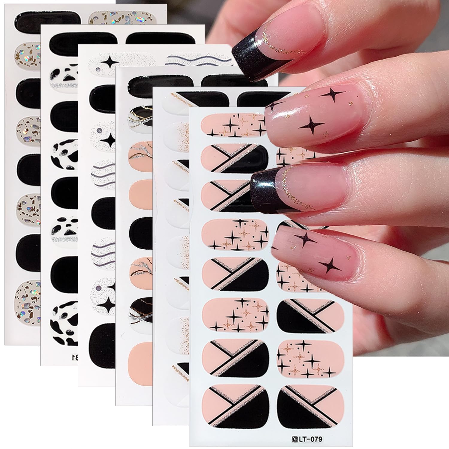 NEWSPIED 6 Sheets Multicolor French Tip Gel Nail Strips Stickers - Semi Cured, Waterproof, No UV Light Required - Marble, Star Designs - Nail Art