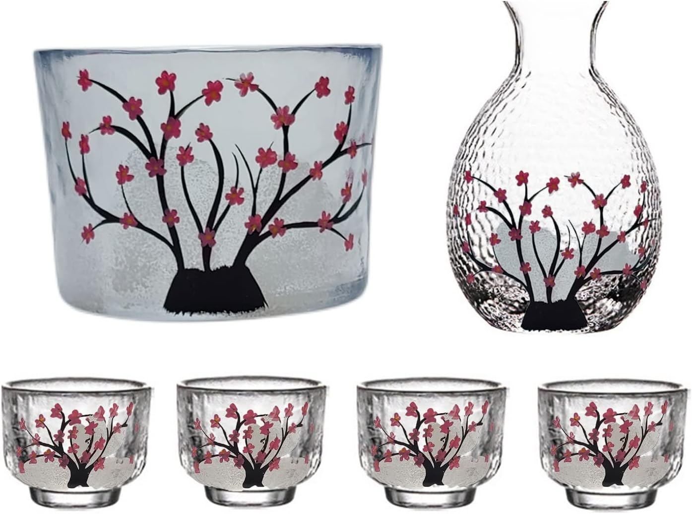 Japanese Sake Set, Sake Set Glasses, Hand Drawn Sakura, 1 Sake Carafe