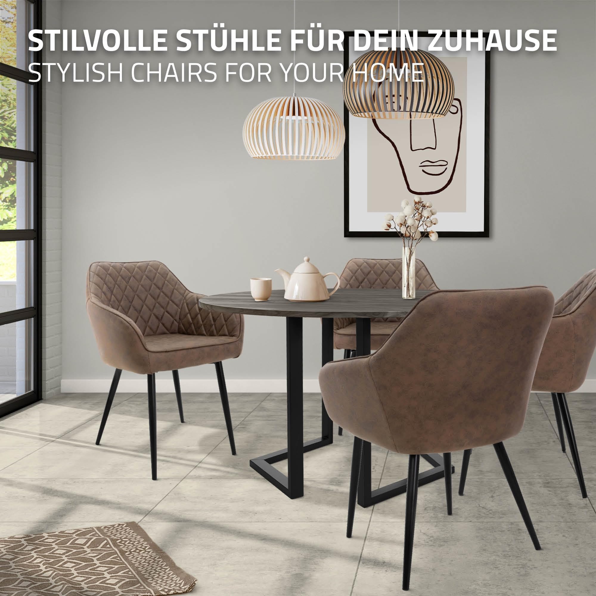 ML-Design Lot de 2 Chaises de Salle à Manger, avec Dossier et Accoudoirs, Marron, Assise en Matériau Synthétique Rembourrée, Pieds en Métal, Chaise de Cuisine Salon Bureau, Matériel de Montage Inclus