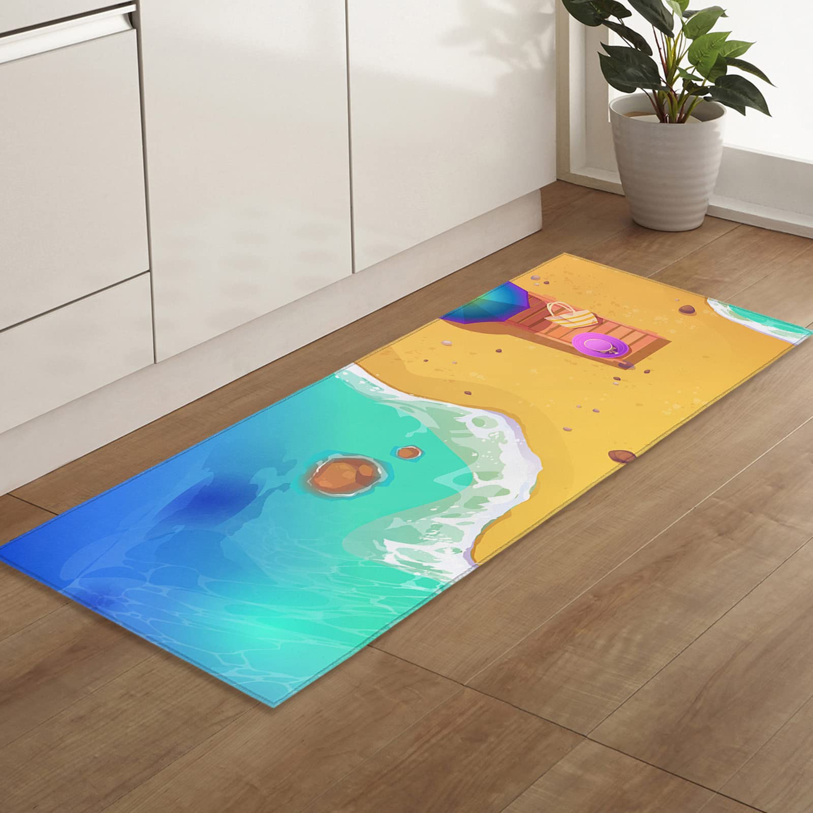 Summer Beach Fluffy Door Mat, Water Absorbent Anti-Skid Welcome Doormat for Indoor, Microfiber Decorative Floor Mat for Entry Patio Busy Area 24x71 inch Cartoon Style Ocean Waves Lounging Chair