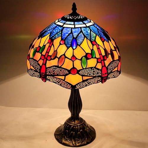 Miniatura 3 de WERFACTORY Tiffany Lámpara de mesa de noche de vidrieras naranja azul libélula estilo libélula luz de escritorio de lectura 12 x 12 x 18 pulgadas