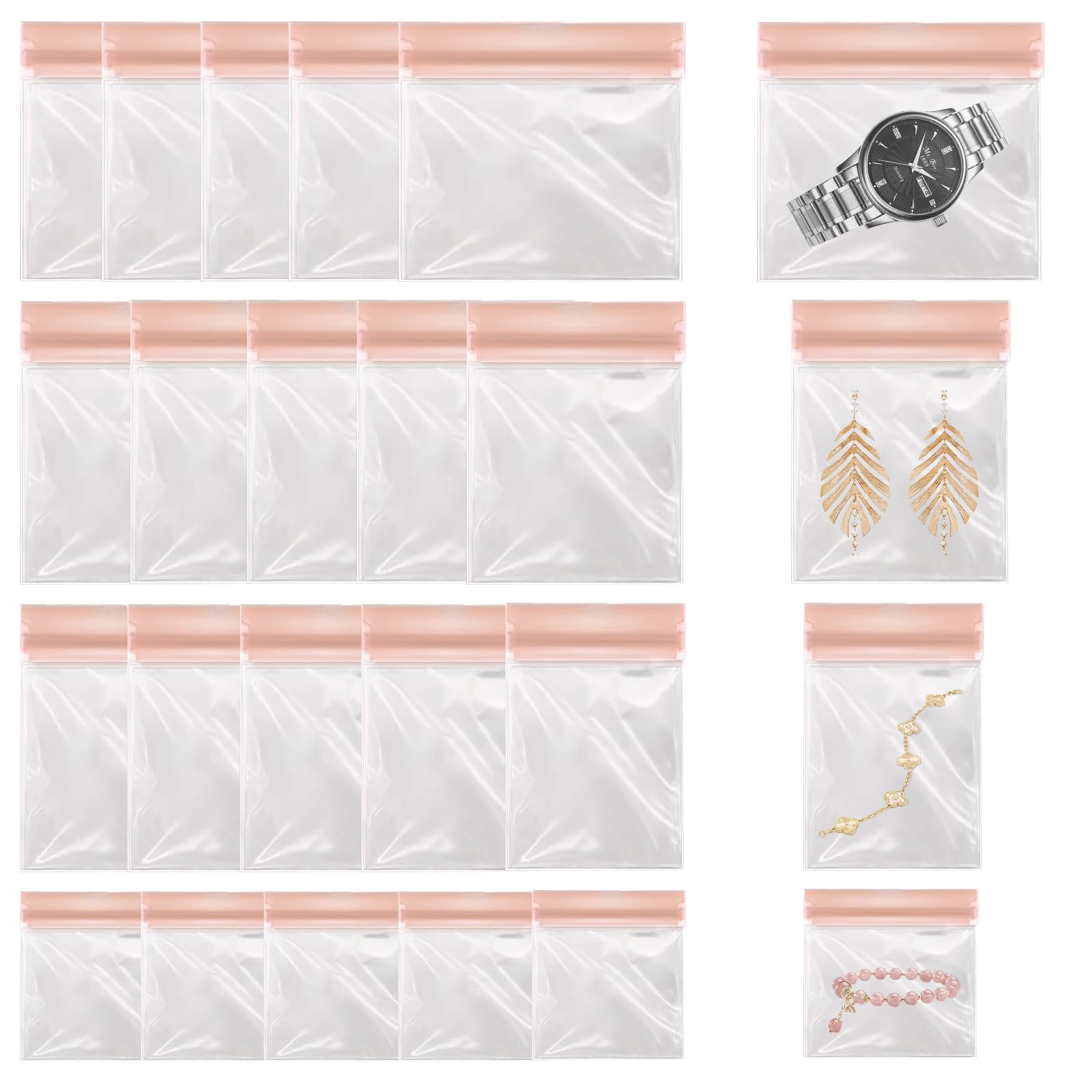 20 PCS Clear Jewelry Bags, EVA Anti Tarnish Jewelry Storage Bags,Mini Pouch Small Plastics Travel Jewelry Bags,Resealable Pink Ziplock Pouches for Women Ring Earring Necklace Bracelet (4 Mix Sizes)