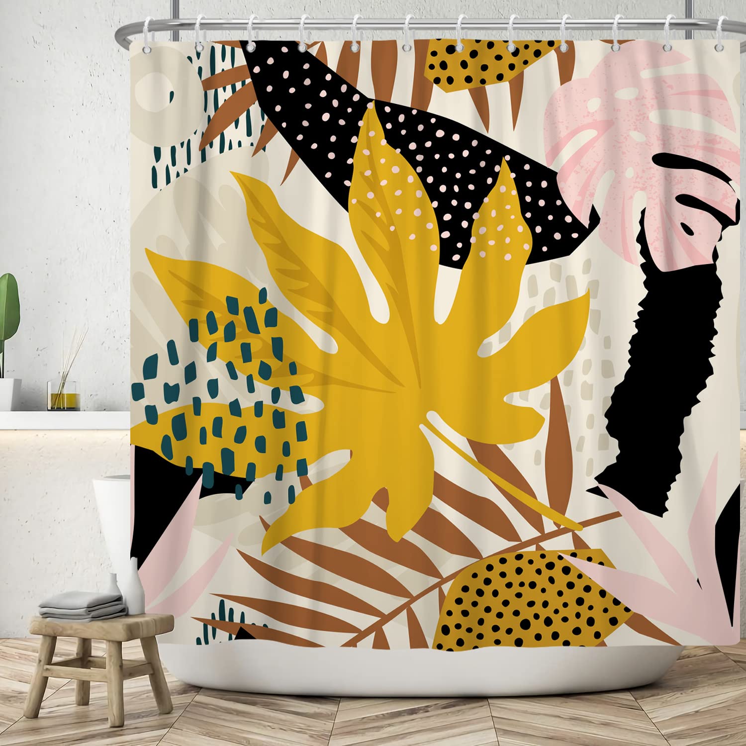 Bovlleetd 60x72inch Gold Maple Leaf Shower Curtain Abstract Art Bathroom Curtain Bohemian Mid-Century Shower Curtains Pink Grey Plant Leaves Shower Curtains for Bath Decor — image 1