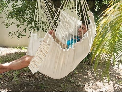 Miniatura 7 de Chihee Hamaca para colgar con 2 almohadas de asiento incluidas, correas fuertes y ganchos para colgar fácilmente, tejido de algodón suave, silla