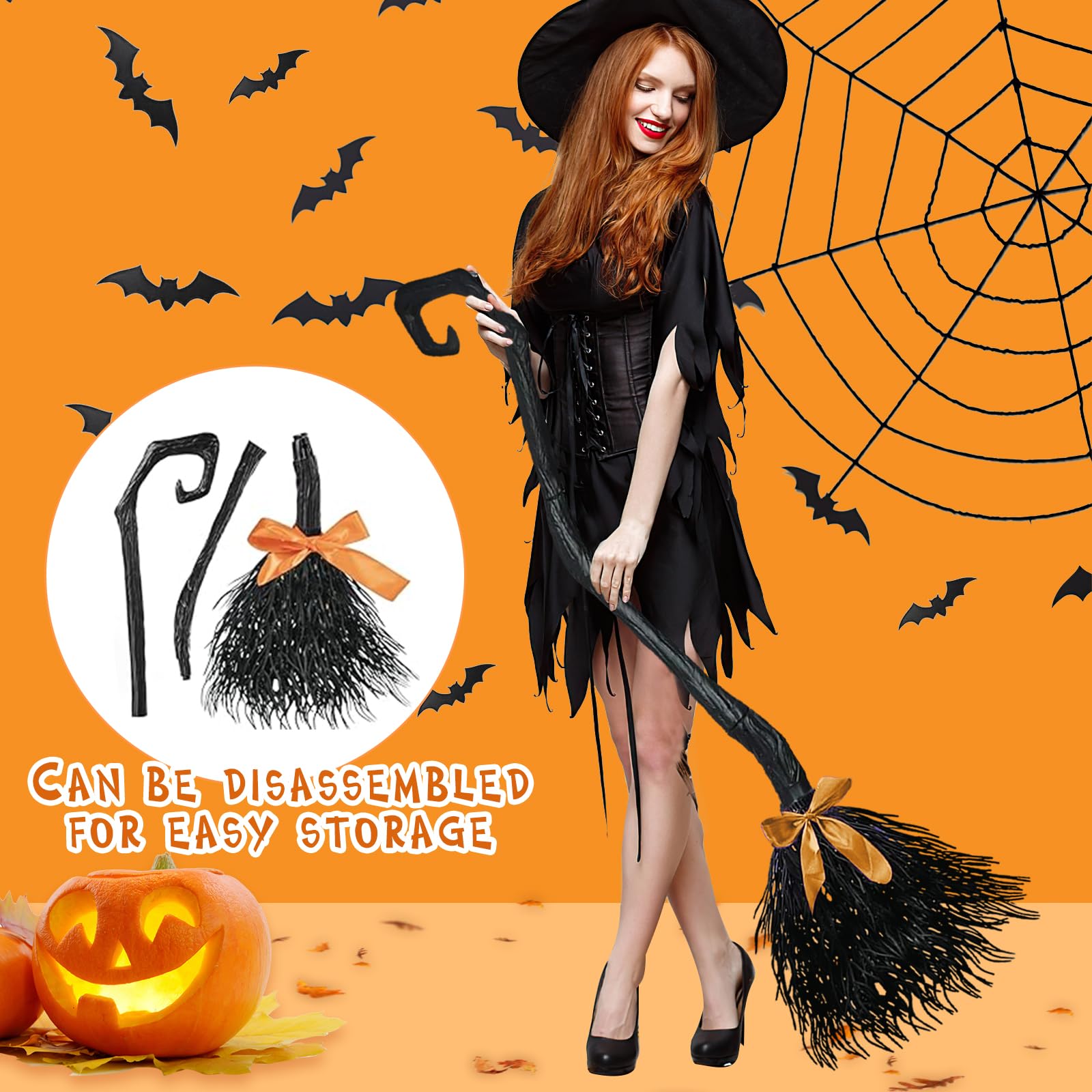 Scopa Da Strega Halloween Viola 97 Cm, In Plastica, Smontabile Con Ragno E Ragnatela, Per Costume Bambino E Adulto