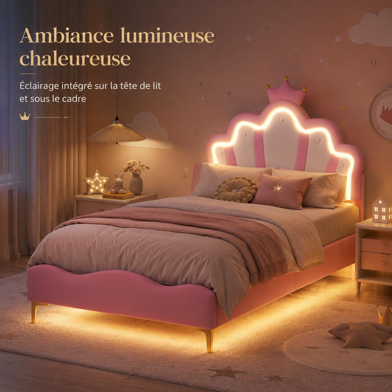 Cama Princesa 90 x 200 con LED, Cama Infantil Acolchada con cabecera Ajustable, PU, sin colchón, Rosa