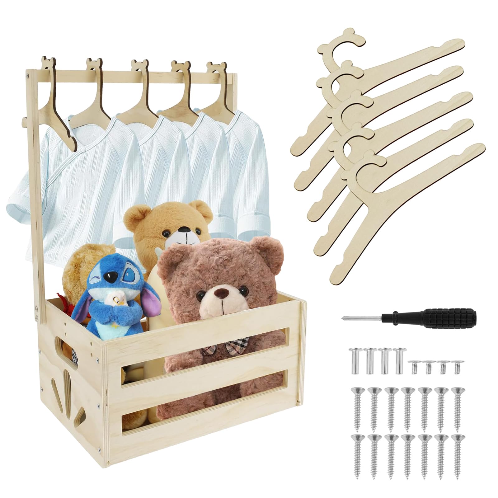 Mdputy Wooden Baby Shower Crate Closet With 5 Hangers, Baby Hamper Basket With Handle Storage Crate Closet Decorative Shower Basket For Pregnancy New Parent