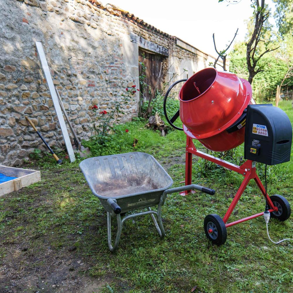 Bétonnière 160L - 650W - 29,5 tr/min - Couronne Dentée en fonte - Grand volant blocage au pied - Pour béton, mortier, ciment