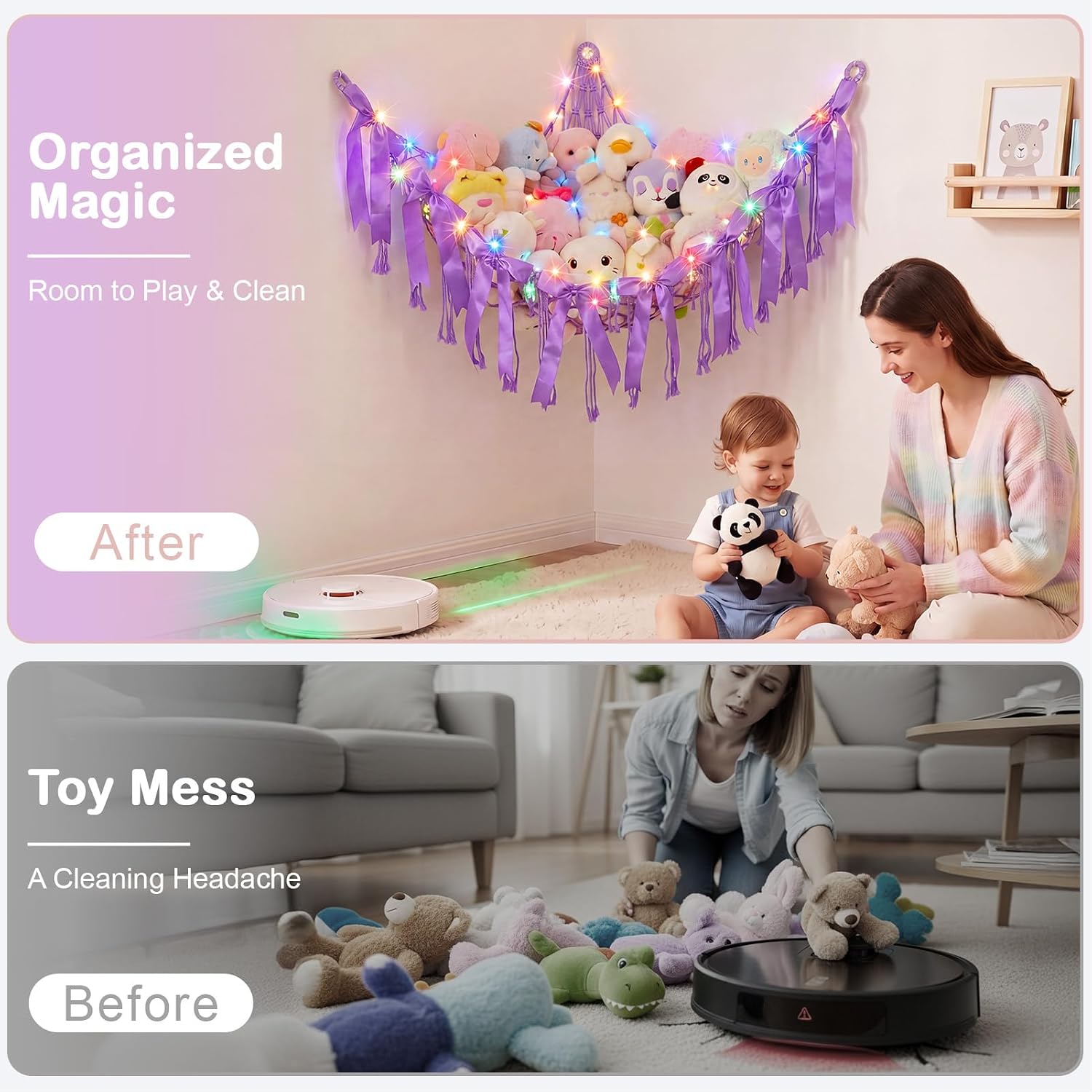 Basumee Stuffed Animals Storage Hammock with DIY Bows & LED Lights Hanging Toy Organizer for Stuffed Animals Large Corner Plushie Net for Kids Girls Room Decor Aesthetic Toy Hammock with Bowknots image 3