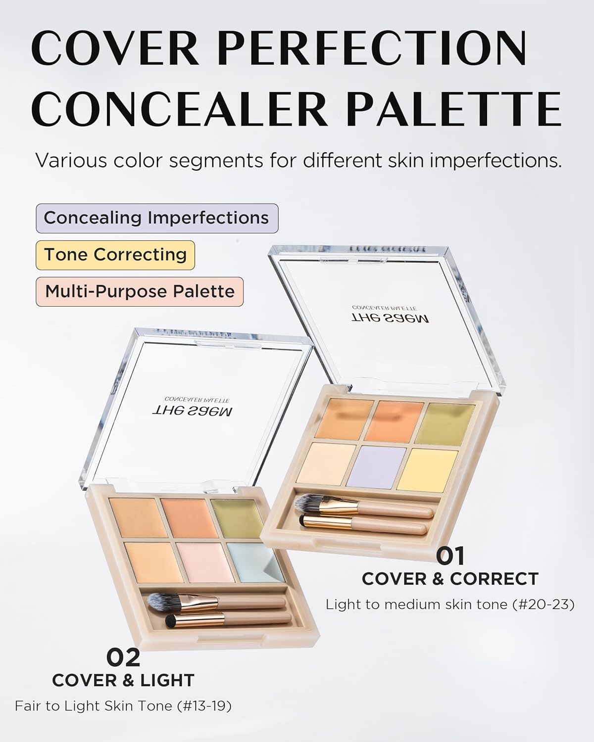 THESAEM Cover Perfection Concealer Palette - 01 Cover and Correct for Medium Skin Tones 20-23 - 6-Color Multi Concealer Palette with Dual Brush - Korean Makeup for Blemishes, Dark Circles & Redness - Image 2
