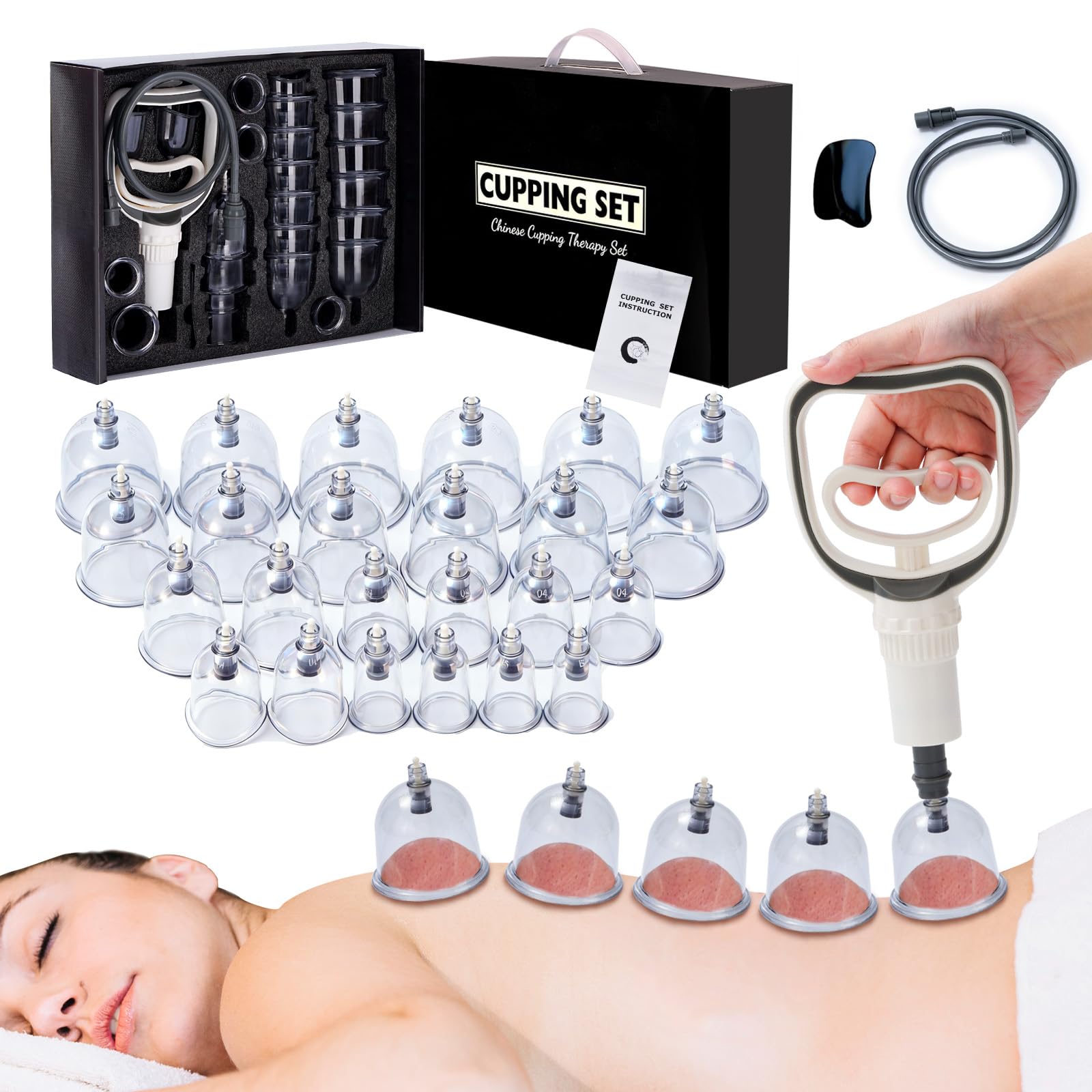 Kit de 24 Ventouses Thérapeutiques, ventouse massage anti-cellulite et relaxation musculaire，ventouse hijama comprenant aiguilles d'acupression amovibles, pompe à vide, tuyau d'extension